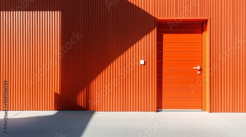 A vibrant red door on a corrugated wall is complemented by geometric sunlight patterns, adding depth and interest to the minimalist, modern setting.