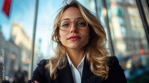 A confident woman in glasses, exuding professionalism, stands against an urban backdrop, capturing the essence of modernity and sophistication in her demeanor. photo