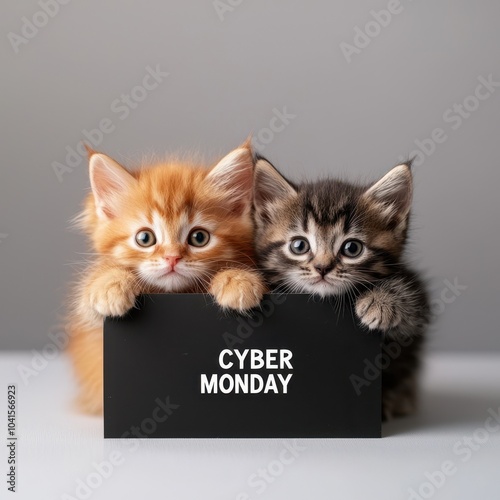Two cute kittens, one orange and one gray, are playfully peeking over a black sign that reads 