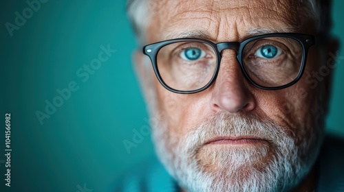 A close-up portrait of an elderly man with a contemplative expression, wearing glasses and a teal sweater, set against a complementary teal background.