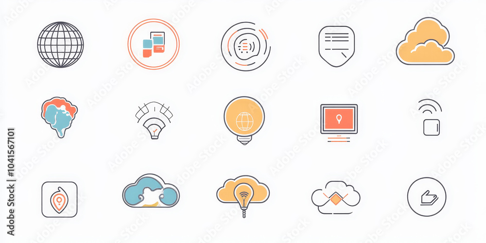 Fototapeta premium Networking set icons. Cloud, connections, globe, wireless, internet, communication, technology, and connectivity concept.