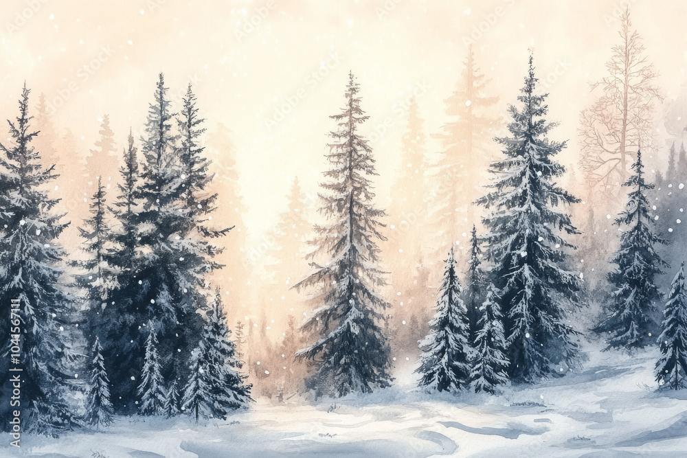 Obraz premium A peaceful winter scene featuring snow-covered trees in a forest at dawn, with soft light and gentle snowfall creating a tranquil atmosphere. 