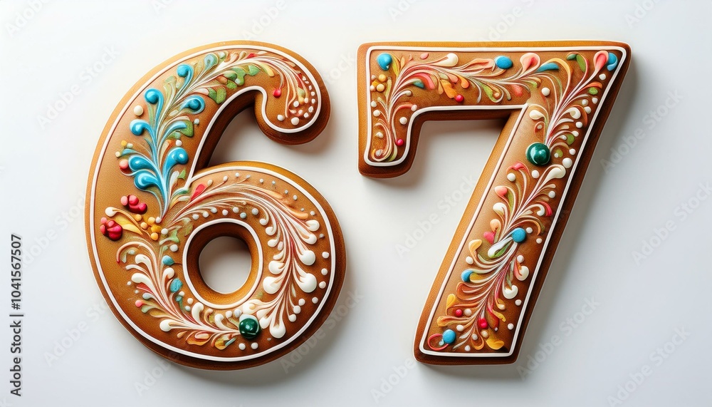 Decorated cookie, number 67, image for birthday or anniversary celebration Decorated cookie, number 67, image for birthday or anniversary celebration