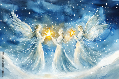 A watercolor illustration of three ethereal angels holding glowing stars, set against a deep blue snowy night sky, evoking peace and holiday spirit.
 photo