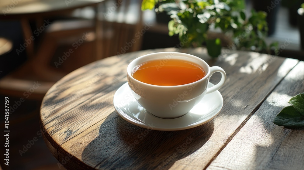 A cup of tea placed on a wooden table in a cafe setting A cup of tea placed on a wooden table in a cafe setting