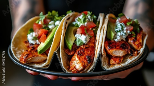 Three mouth-watering tacos are presented on a plate, topped with vibrant avocado, tomatoes, and cilantro, capturing the essence of fresh, flavorful Mexican cuisine. photo