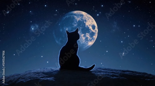 Silhouette of a Cat Under a Full Moon