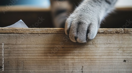 A cat s paw reaches through a gap in a wooden box attempting to grab a piece of paper Playful interactions and activities of pets