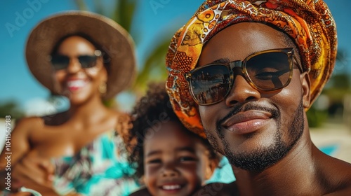 A happy family of three, mother, father and child, enjoying a sunny day at the beach with palm trees in the background, exuding warmth and familial love.