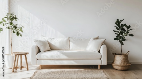 White sofa on wooden floor in a minimalist Scandinavian inspired living room design