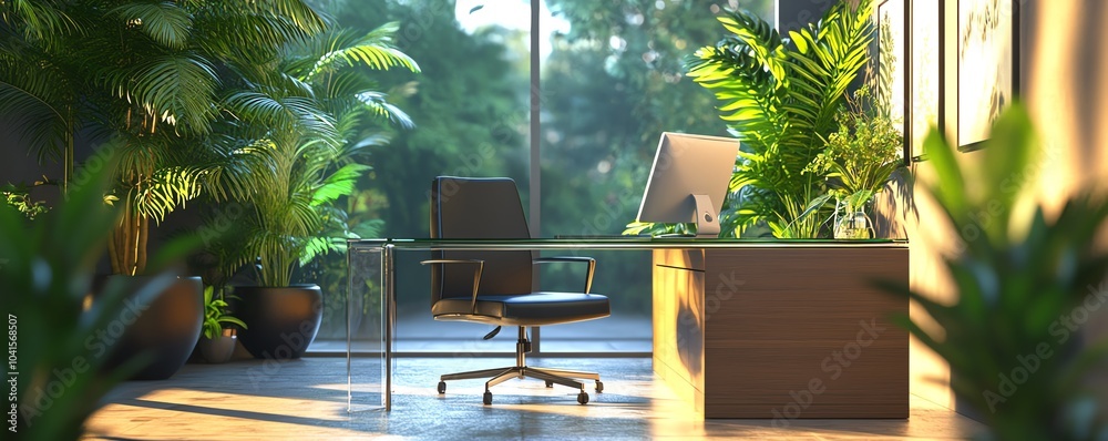 Fototapeta premium 3D visualization of a contemporary office interior with a glass desk and decorative plants, modern design, organized layout, stylish ambiance