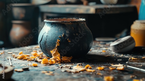 A broken pot rests on a tidy surface surrounded by discarded food remnants depicting a moment of culinary mishap and disregard