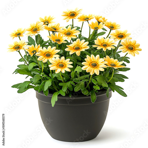 A potted plant with yellow flowers with green leaves on a white background.