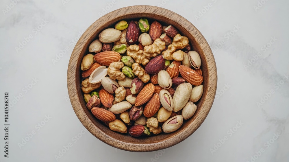 Top view of a wooden bowl filled with assorted nuts on a white table A healthy snack featuring walnuts pistachios almonds hazelnuts and cashews Top view of a wooden bowl filled with assorted nuts on a white table A healthy snack featuring walnuts pistachios almonds hazelnuts and cashews