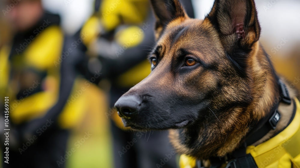 Close up of working dogs trained for specific tasks featuring high visibility yellow gear for optimal safety and assistance