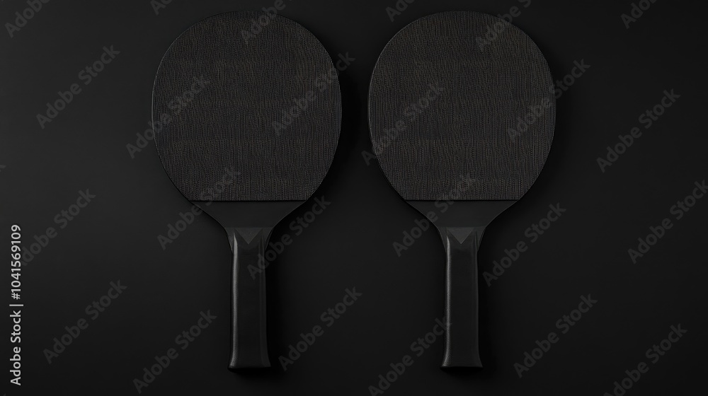 Two black ping pong paddles against a dark backdrop Two black ping pong paddles against a dark backdrop