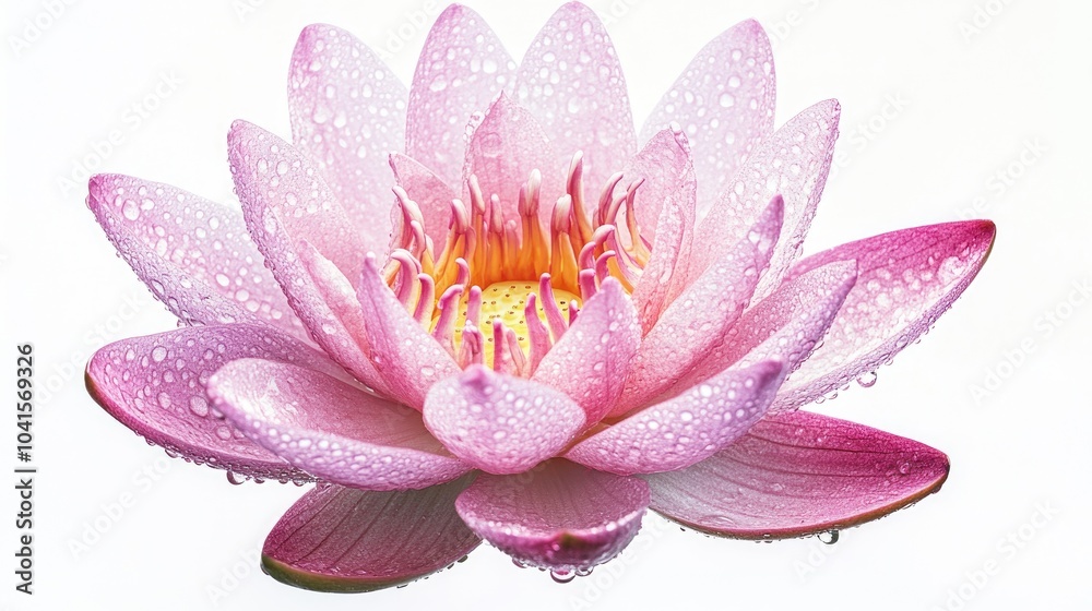 A stunning pink lotus blossom adorned with dew drops representing purity and calmness set against a gentle white backdrop A stunning pink lotus blossom adorned with dew drops representing purity and calmness set against a gentle white backdrop