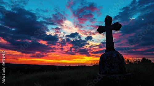 Silhouette of a Stone Cross at Sunset with a Colorful Cloudy Sky