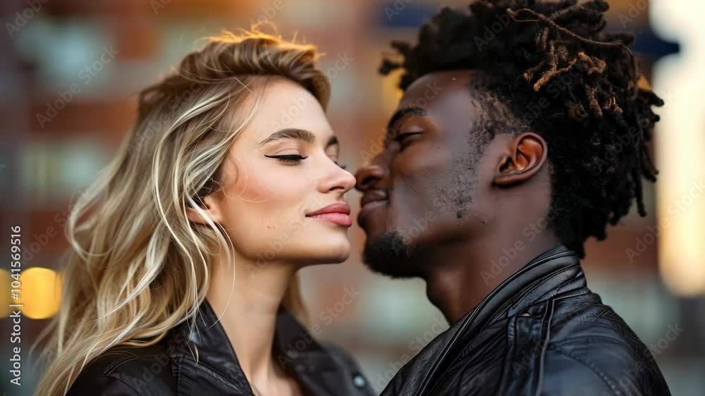 A young couple in leather jackets looks lovingly at each other on a city street A young couple in leather jackets looks lovingly at each other on a city street