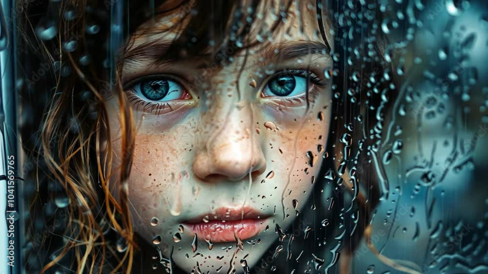 A young girl with blue eyes looks out a window during a rainy day A young girl with blue eyes looks out a window during a rainy day