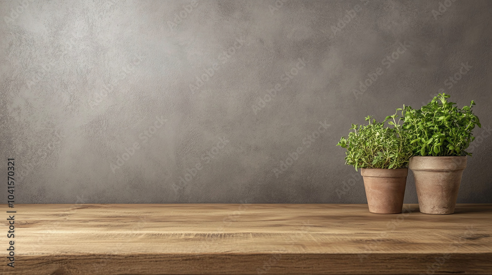 Green Plants in Terracotta Pots on Rustic Wooden Table Green Plants in Terracotta Pots on Rustic Wooden Table