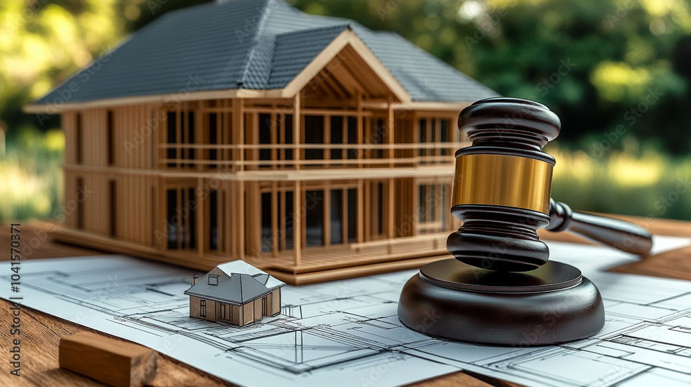 Close-up of judge gavel on building blueprints and building model on the table with a house in the background, labor, and construction law concept. Illustration. Close-up of judge gavel on building blueprints and building model on the table with a house in the background, labor, and construction law concept. Illustration.