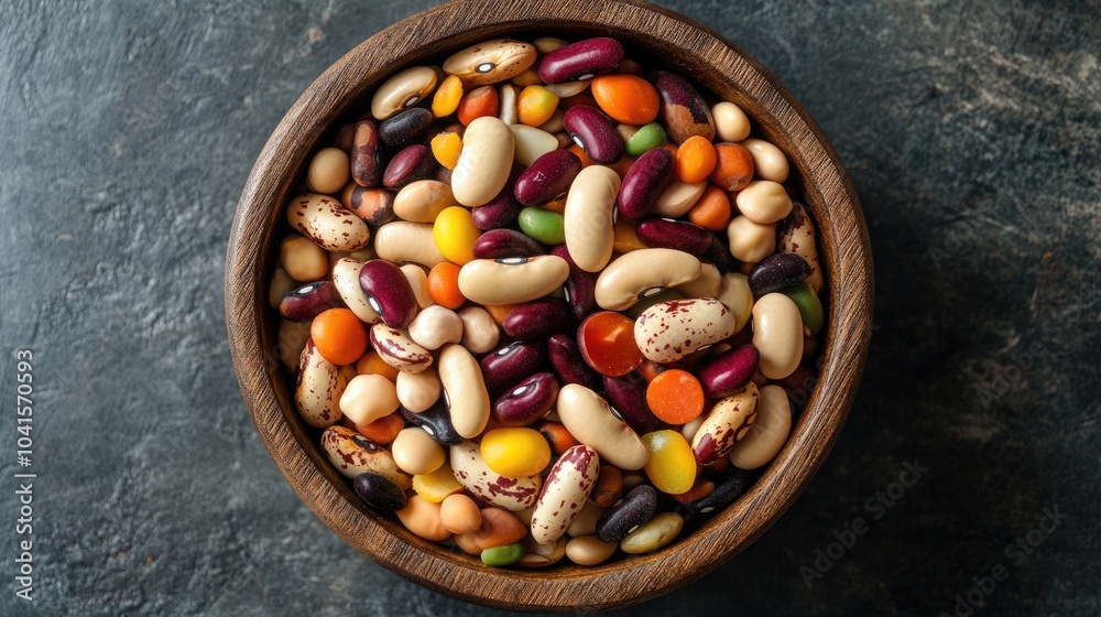 Top view of a wooden bowl filled with a variety of mixed legumes arranged in a scattered layout Top view of a wooden bowl filled with a variety of mixed legumes arranged in a scattered layout