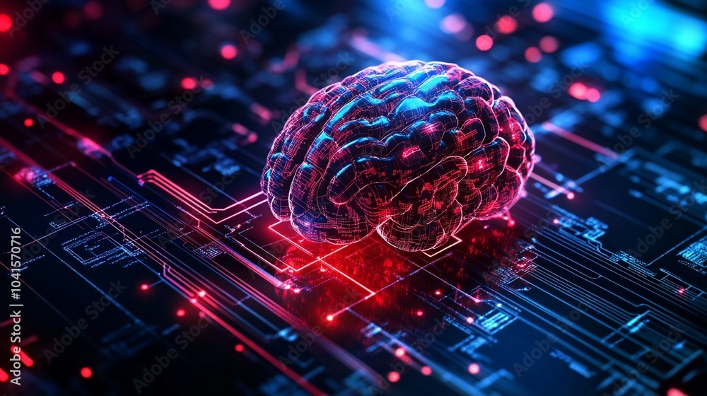 Futuristic digital brain on circuit board illuminated by neon red and blue lights, symbolizing artificial intelligence and cognitive computing technology. Futuristic digital brain on circuit board illuminated by neon red and blue lights, symbolizing artificial intelligence and cognitive computing technology.