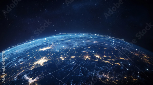 The earth, illuminated by city lights, is visible from orbit. Communication lines, like light tracks, connect different continents, creating an image of a global network in the night silence of space.