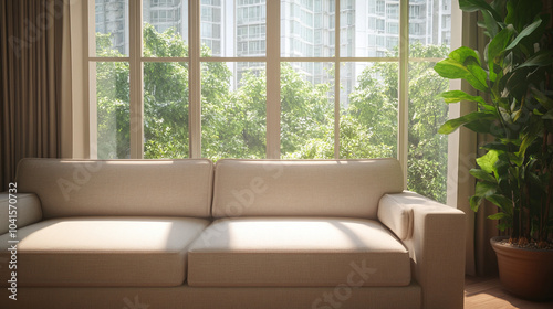 Modern Living Room with City View and Sunlight