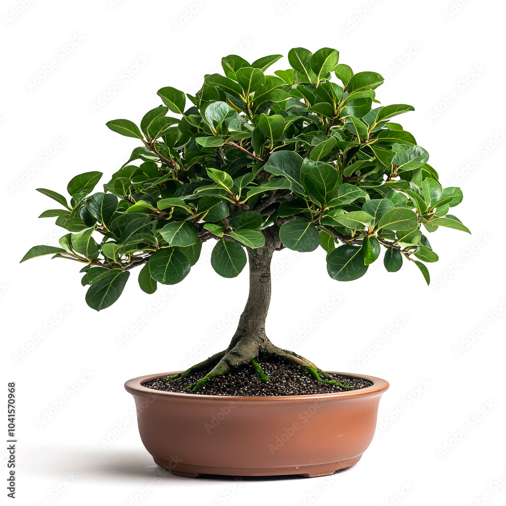 A small green bonsai tree with a brown pot sits on a white background. A small green bonsai tree with a brown pot sits on a white background.