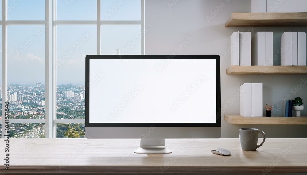 Close up of clean designer office workplace with empty white computer monitor, window with city view and wooden shelves in the background. Mock up, 3D Rendering. Close up of clean designer office workplace with empty white computer monitor, window with city view and wooden shelves in the background. Mock up, 3D Rendering.