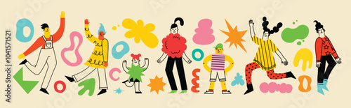 People in different poses and various geometric shapes. Outline characters, colorful abstract figures. Different mood, positions. Hand drawn Vector illustrations.