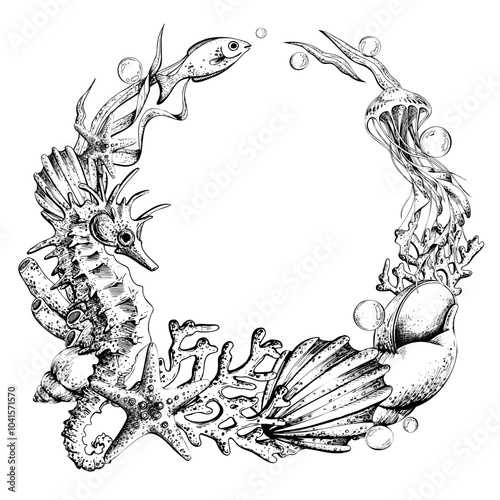 Seahorse with jellyfish, fish, corals, seaweed, shells, corals and starfish. Hand drawn graphic illustration in black and white color line art. Frame wreath template on a sea theme