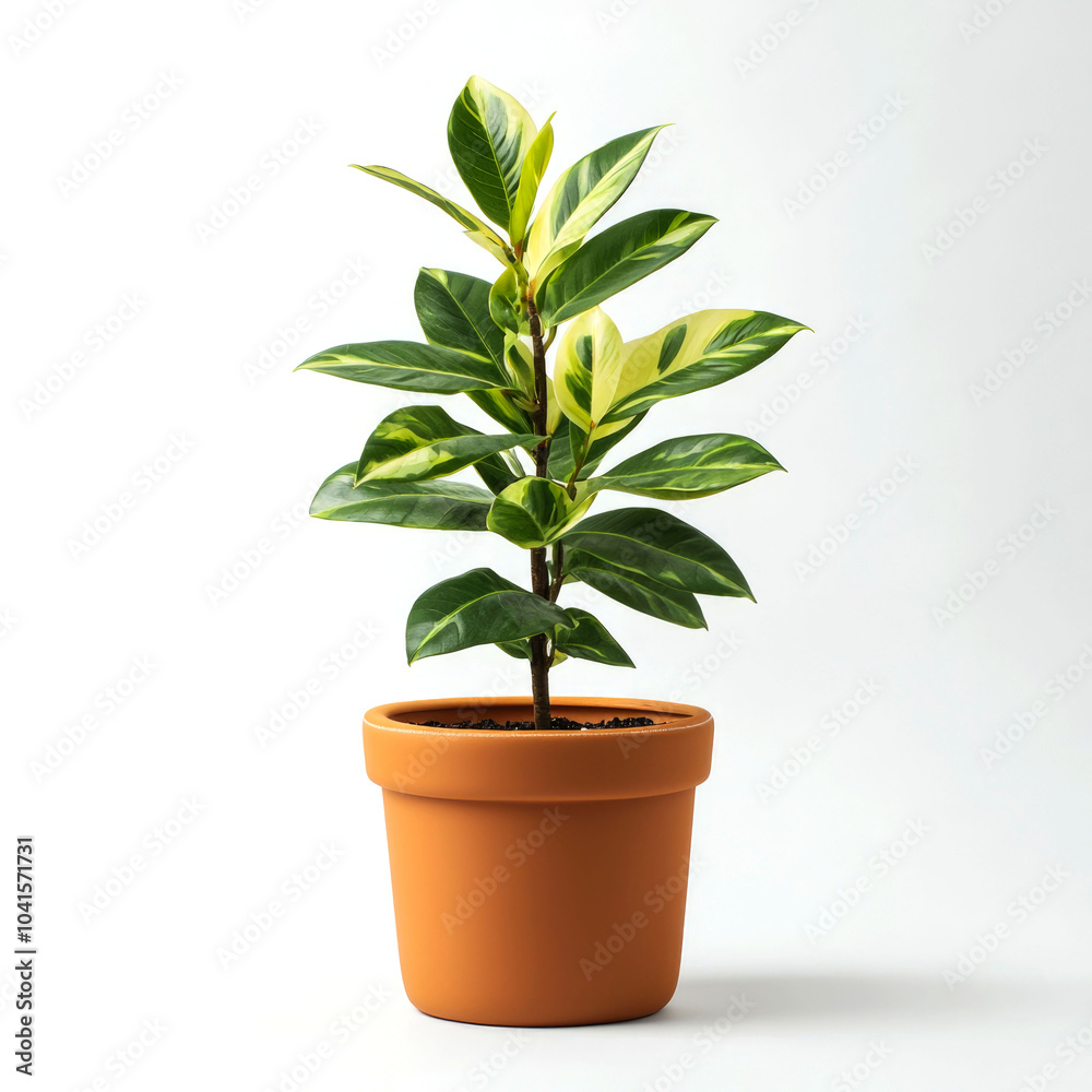 A small, potted plant with green and yellow variegated leaves against a white background. A small, potted plant with green and yellow variegated leaves against a white background.