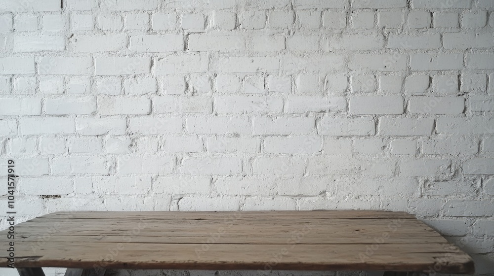 Wooden table against a backdrop of white bricks Wooden table against a backdrop of white bricks