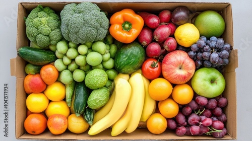 Box containing fresh organic fruits and vegetables Concept of healthy eating and grocery shopping