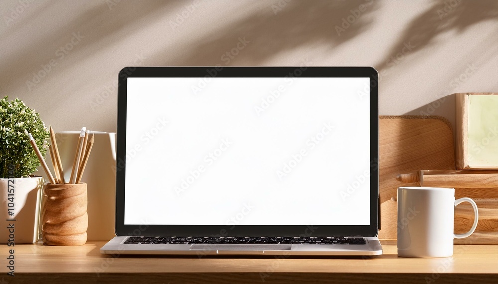 Close up of modern designer desktop with empty mock up laptop on wooden desk, sunlight and shadows. 3D Rendering. Close up of modern designer desktop with empty mock up laptop on wooden desk, sunlight and shadows. 3D Rendering.