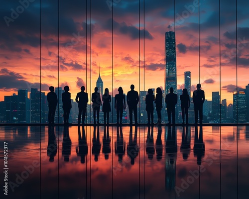 Silhouette of businesspeople with a city skyline backdrop, representing teamwork and corporate unity, 3D rendering, contemporary design, engaging visuals photo