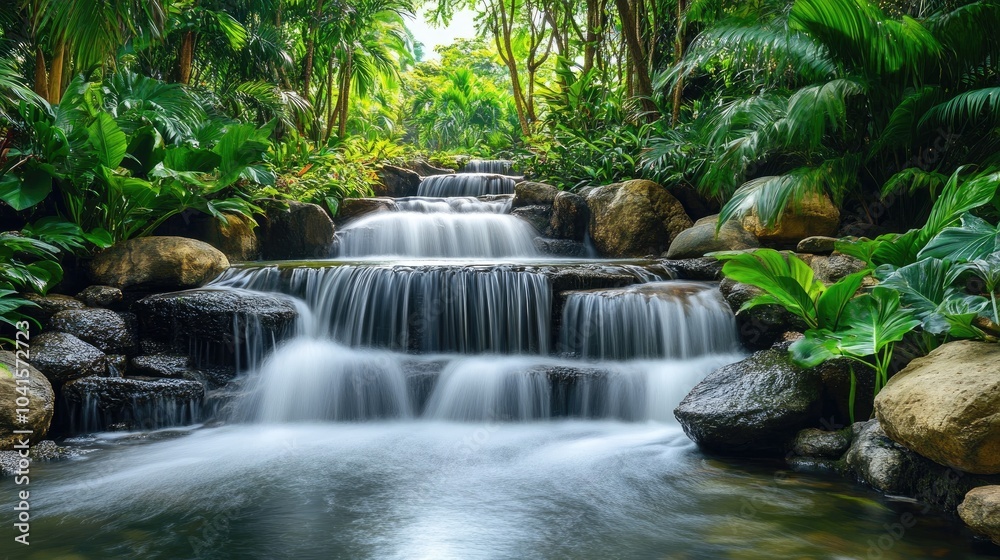 Tranquil waterfall flowing over stones in a lush tropical setting