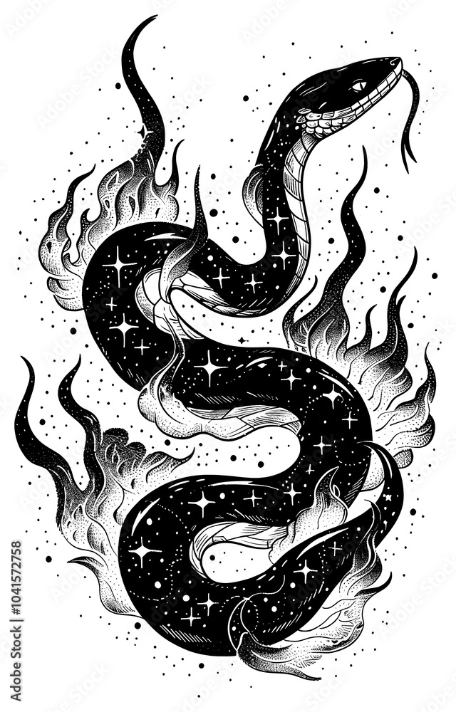 Fototapeta premium PNG Celestial illustration of Snake with Celestial Flames snake flames cosmic.