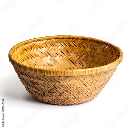 Empty straw, rattan wicker basket on white background Bamboo basket, Storage basket 