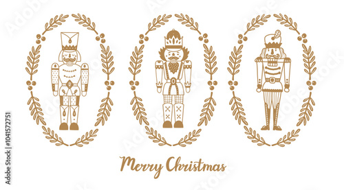 Cute Nutcrackers. Line gold greeting card.  Cute Christmas illustration. 
