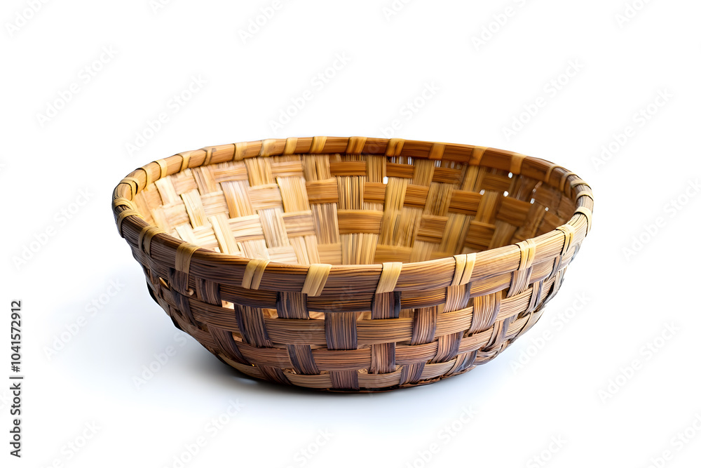 Empty straw, rattan wicker basket on white background Bamboo basket, Storage basket Empty straw, rattan wicker basket on white background Bamboo basket, Storage basket
