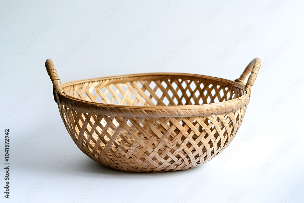 Empty straw, rattan wicker basket on white background Bamboo basket, Storage basket Empty straw, rattan wicker basket on white background Bamboo basket, Storage basket
