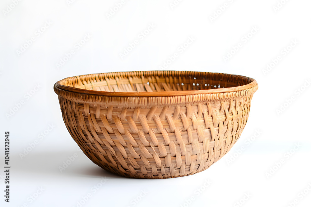 Empty straw, rattan wicker basket on white background Bamboo basket, Storage basket Empty straw, rattan wicker basket on white background Bamboo basket, Storage basket
