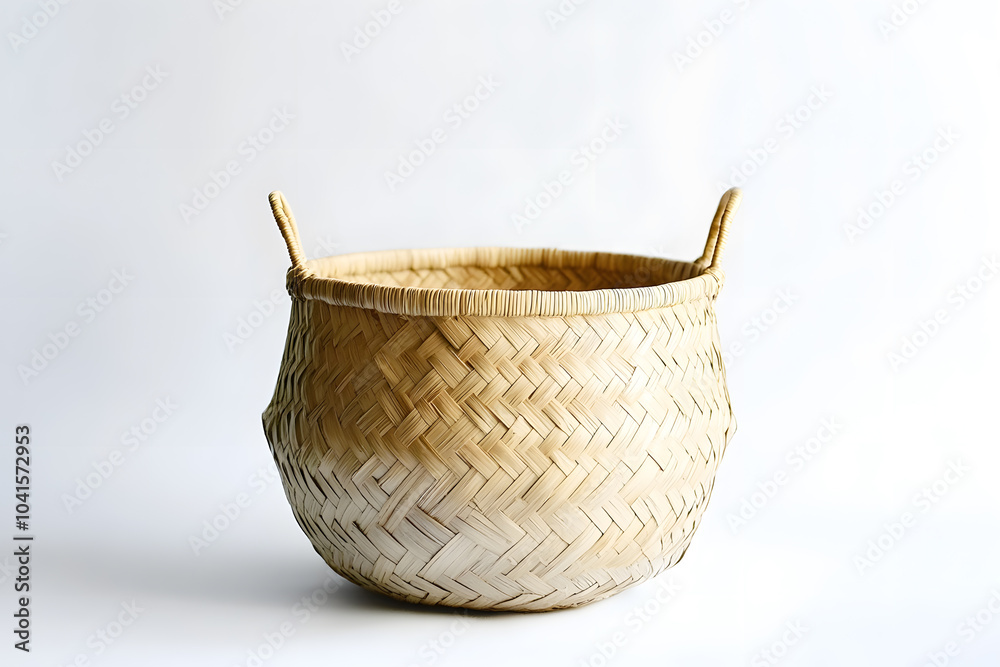 Obraz premium Empty straw, rattan wicker basket on white background Bamboo basket, Storage basket 