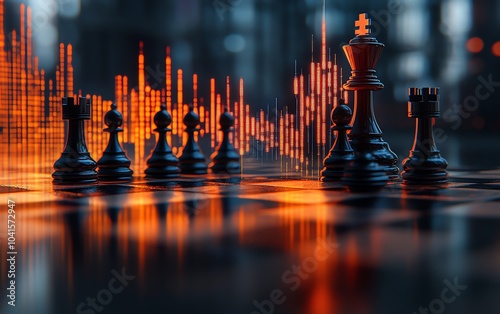 3D rendering of a chessboard featuring a glowing growing candlestick forex chart, blurred gray bokeh backdrop, business strategy and planning theme, double exposure photo