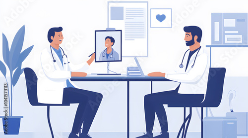 Male doctors consulting via telemedicine in office.