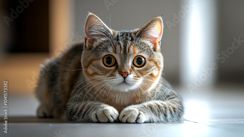 A tabby cat with large, round eyes stares directly at the camera with its paws tucked neatly under its chest.